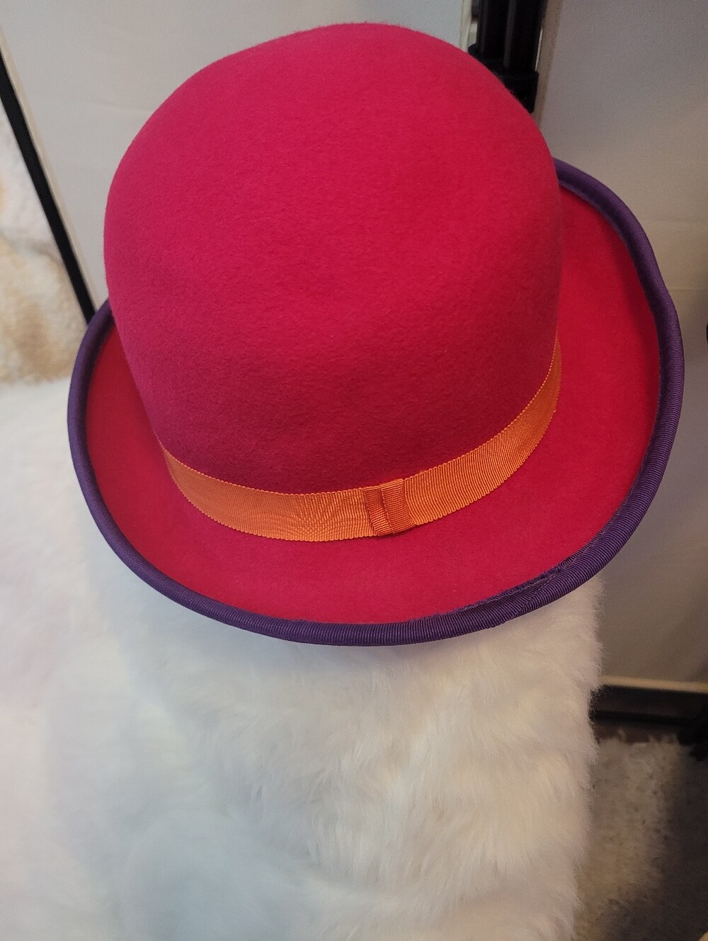Women’s Fuchsia Felt Bowler Hat with Orange Band